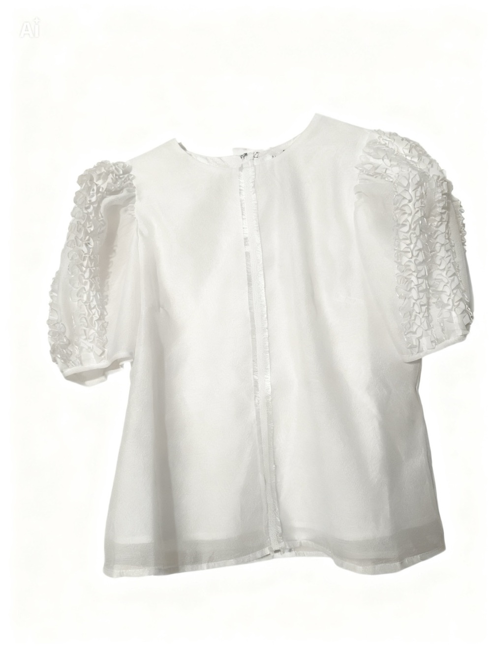 White Puff-Sleeve Textured Organza Blouse